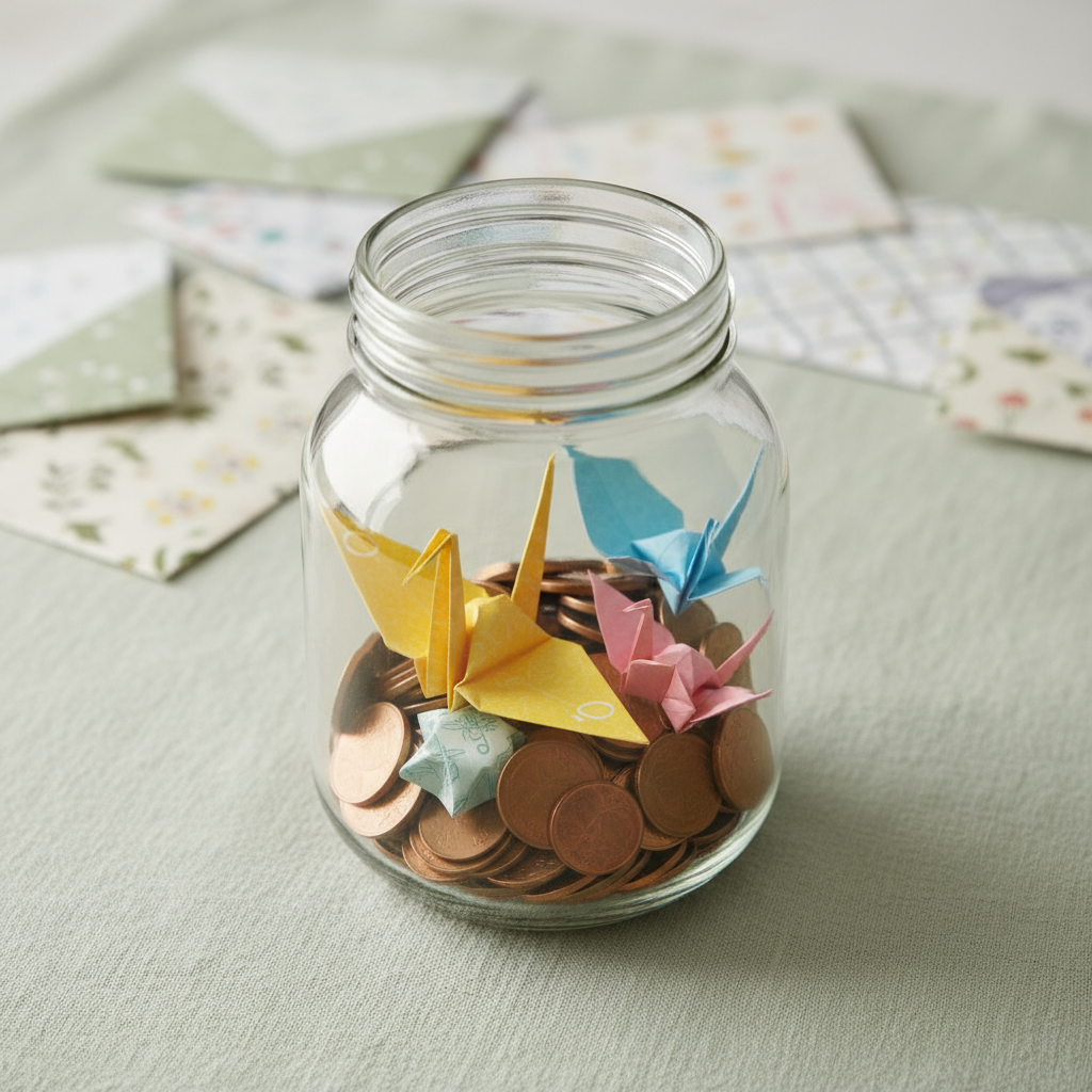 A glossy, transparent glass jar filled with a mix of shiny copper coins and bright origami bills, each carefully folded into intricate shapes. The jar is positioned on a textured linen cloth in calming shades of pale sage, with an array of small, decorative budget envelopes arranged artistically in the background. Diffused natural daylight streams from the left, casting soft highlights on the jar and gentle shadows around it, resulting in a cozy, approachable atmosphere. Captured at a slight angle with rule-of-thirds framing and shallow depth of field, the composition draws the viewer’s eye to the inviting jar, in a style that feels approachable and modern.