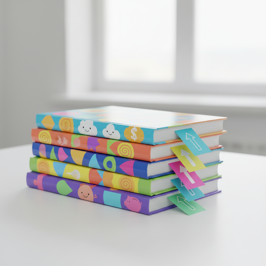 A stack of vibrant, stylized books with glossy, colorful covers depicting cheerful abstract money symbols and playful geometric patterns. The books are slightly fanned out on a spotless white tabletop, interspersed with crisp, brightly colored paper bookmarks. Subtle overcast daylight from above provides evenly lit pages, eliminating harsh shadows and lending the setting a calm, studious mood. Shot from a slightly elevated perspective with sharp foreground detail and a gently blurred minimalist background, the image conveys a smart yet optimistic approach to financial learning, with a clean, friendly artistic style aligning with the positive blog theme.